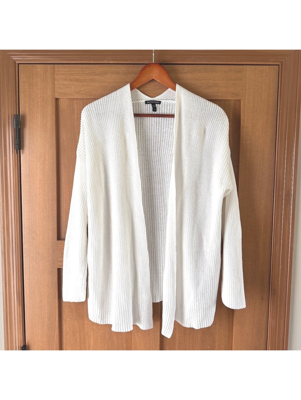 Eileen Fisher Organic Linen Cotton Ivory Knit Open Front Cardigan Women’s Large
